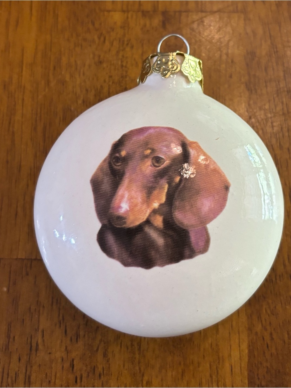 Homemade Dachshund Dog Glass Ornament With Poinsettia On Back 3”x3”